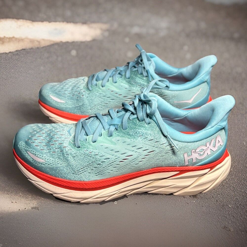 HOKA ONE ONE Womens Clifton 8 Mesh Aquarelle Eggshell Blue Trainers Size 9.5 B